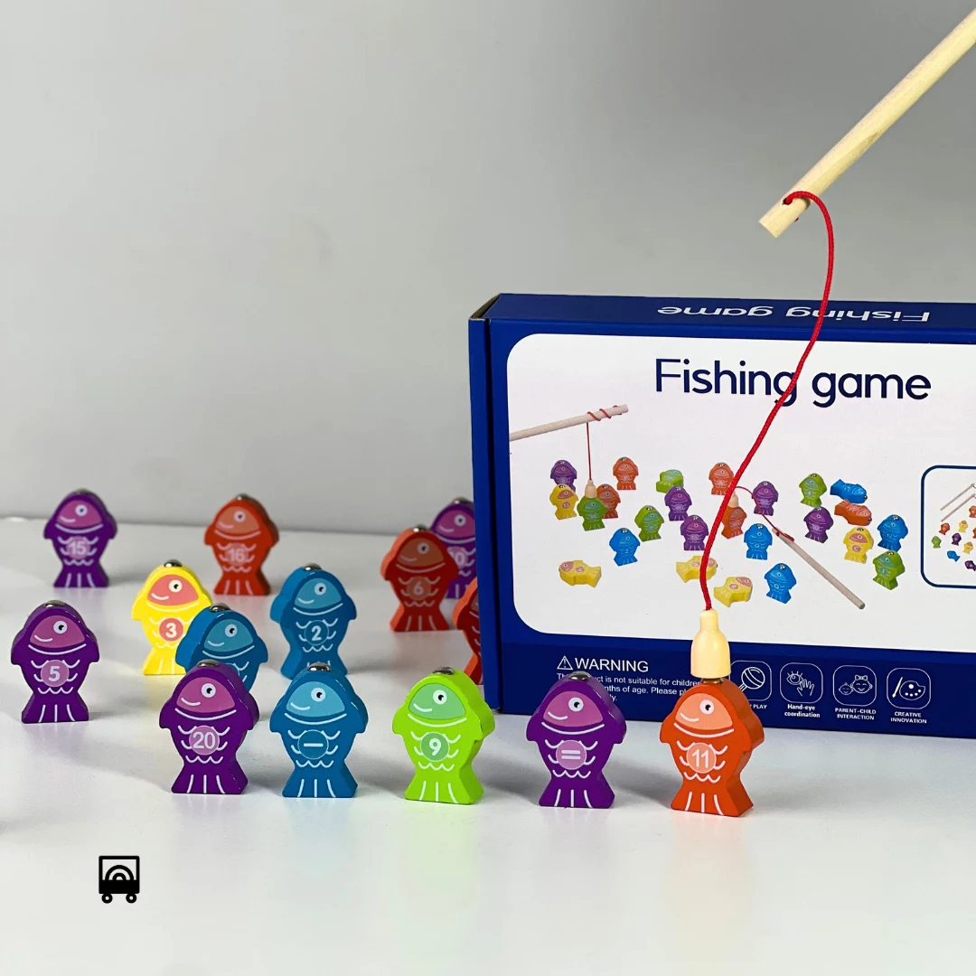 Montessori wooden assorted letter & number fishing game with math