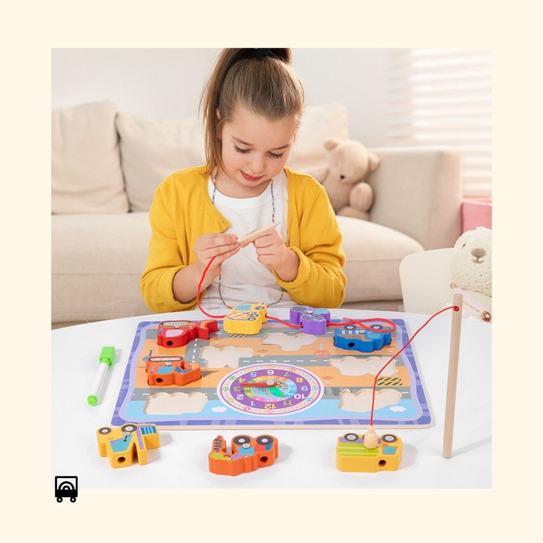 5 in 1 Wooden Fishing, Threading, Clock, Drawing Board, Matching – Multifunctional Board Infant Early Educational Kids Toys