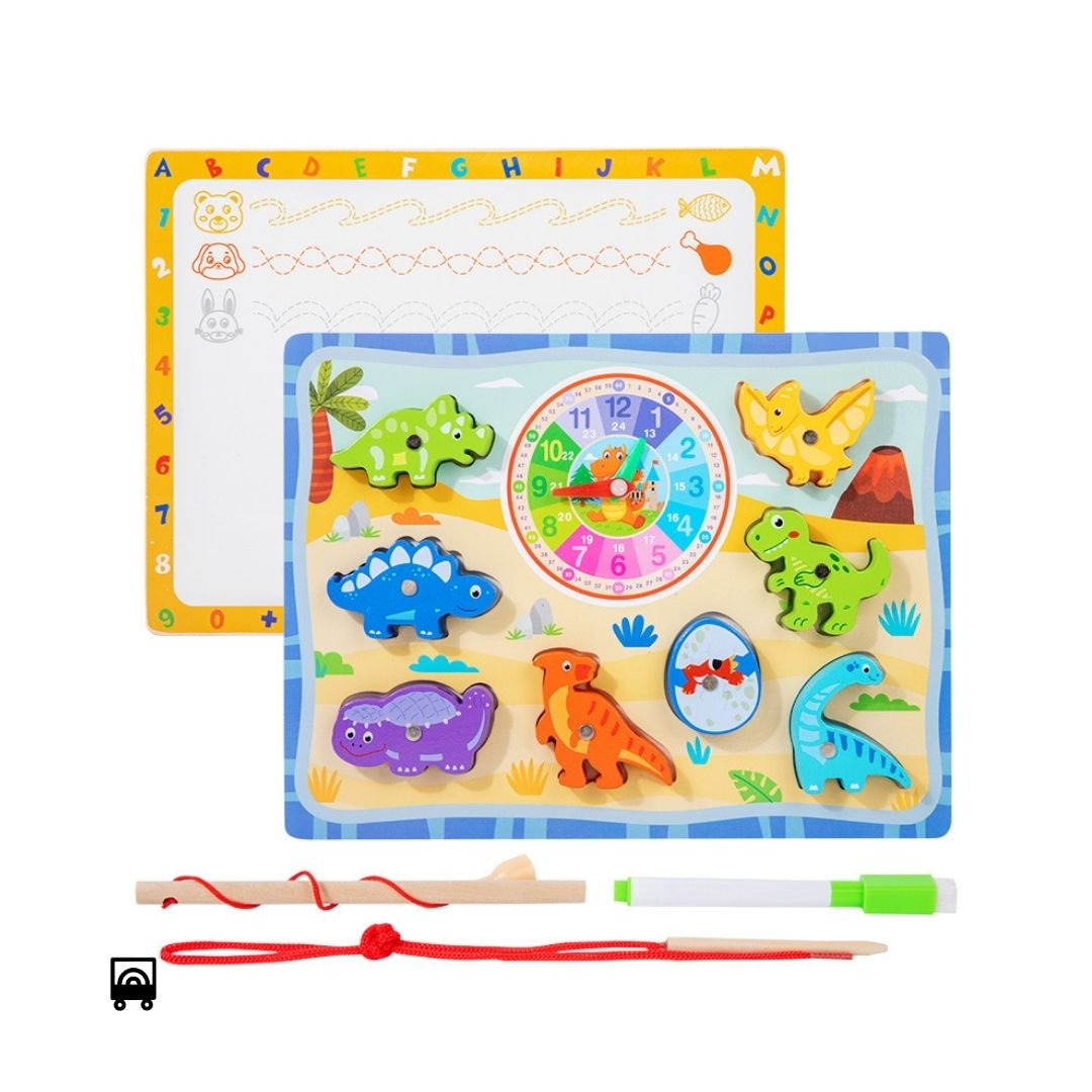 5 in 1 Wooden Fishing, Threading, Clock, Drawing Board, Matching – Multifunctional Board Infant Early Educational Kids Toys