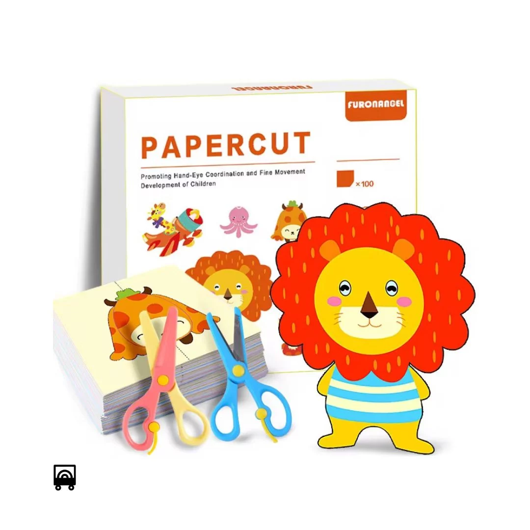 Kids Paper Cutting Craft Set Kindergarten DIY 100 Printed Cutting Papers with 2 child safe scissors