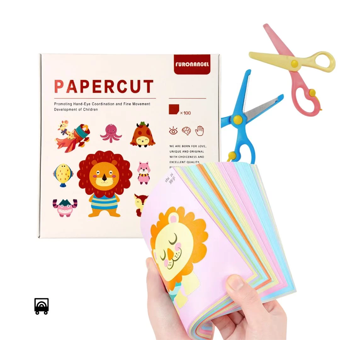 Kids Paper Cutting Craft Set Kindergarten DIY 100 Printed Cutting Papers with 2 child safe scissors