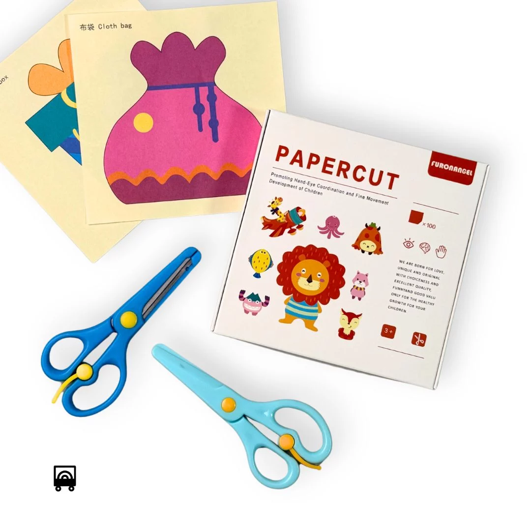 Kids Paper Cutting Craft Set Kindergarten DIY 100 Printed Cutting Papers with 2 child safe scissors