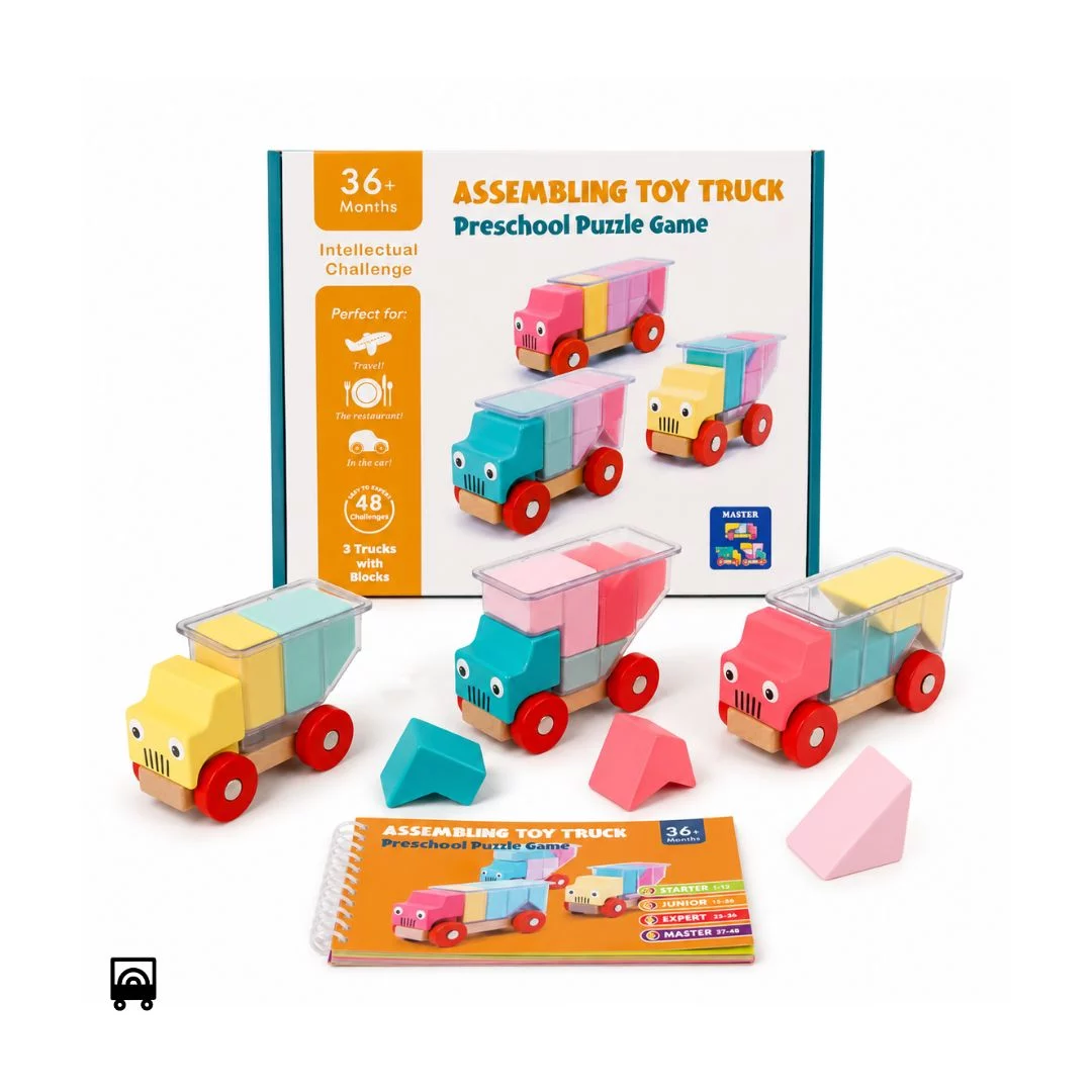 Montessori Wooden Logic Truck Blocks Puzzle – Build & Solve Challenge Game