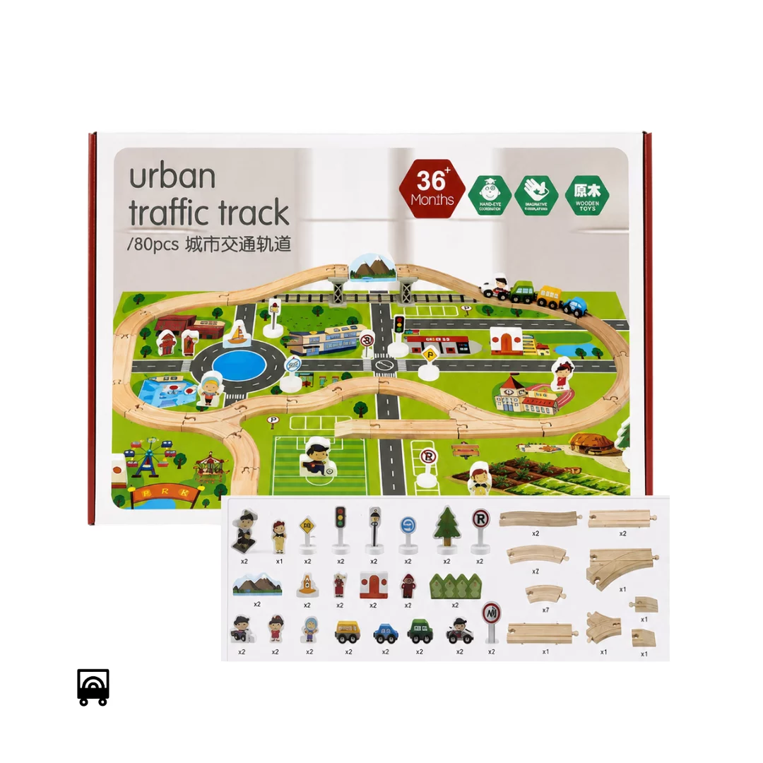 80-Piece Wooden City Road & Double Sided Train Play Mat Set