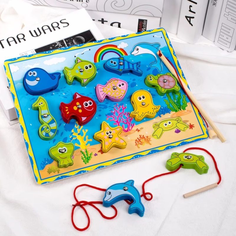 Wooden threading & fishing board game